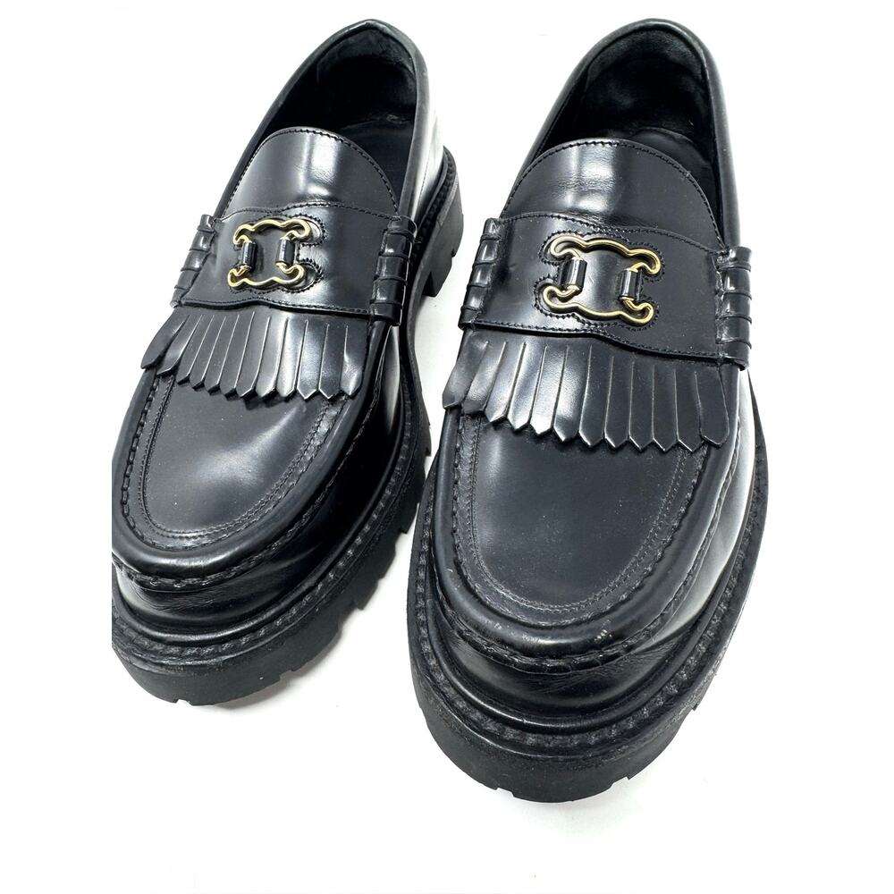 Celine Triomphe Margaret Frame Black Leather Chunky Fringe Loafer Sz 38